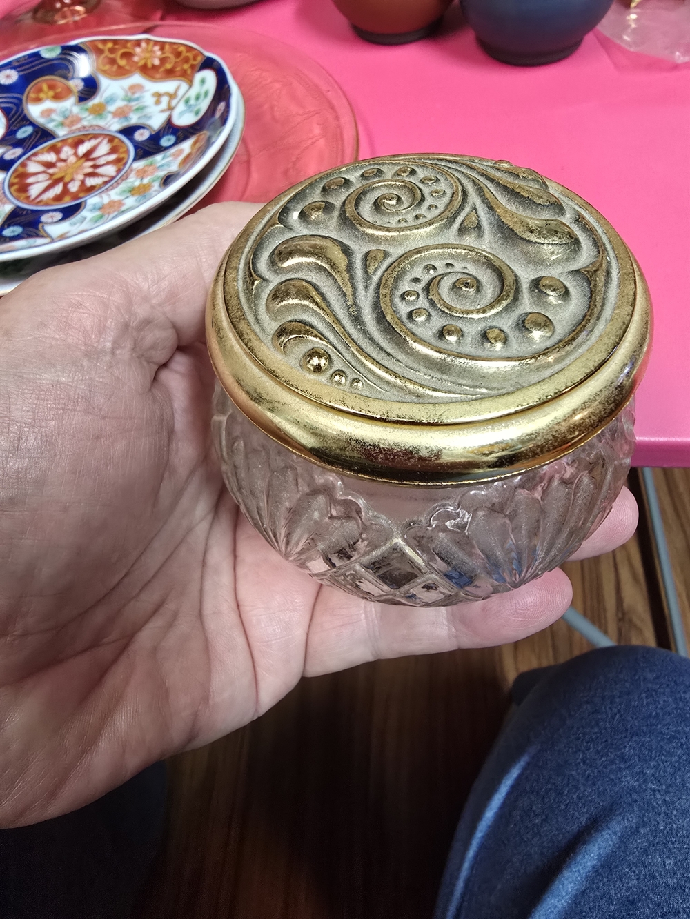 Vintage Avon Glass Vanity Jar with Ornate Gold Lid